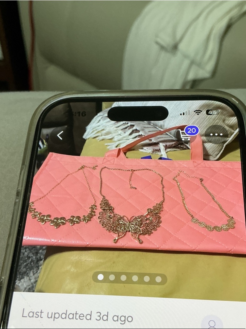 Pink Quilted Tote with Gold Tone Necklaces, all gently worn, tote not included